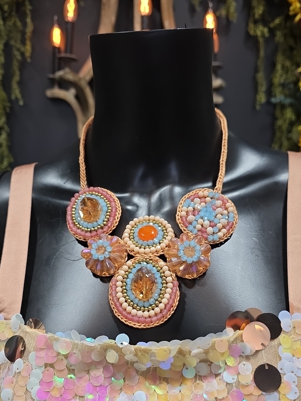 Handcrafted Pastel Crystal Macrame Beaded Statement Necklace - Pink & Blue